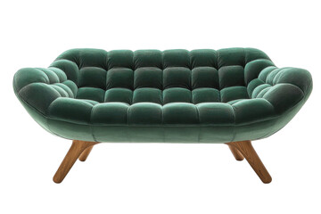 Elegant teal velvet button tufted sofa with sleek wooden legs isolated on a black background Perfect for on transparent background