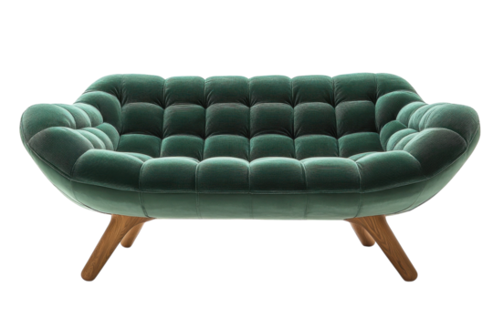 Elegant teal velvet button tufted sofa with sleek wooden legs isolated on a black background Perfect for on transparent background
