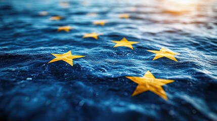 Golden stars floating on a surface of rippling blue water creating an abstract background image