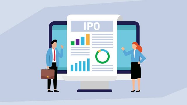 Initial Public Offering (IPO) Presentation with Business Team and Financial Data Charts cartoon animation