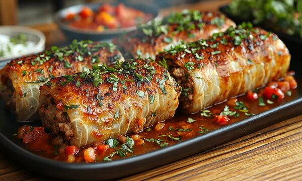 Delicious stuffed cabbage rolls garnished with herbs, served on a wooden table with sides