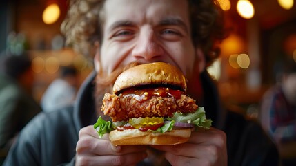 Pure Joy: Man Savors a Crispy Fried Chicken Burger with Zest

