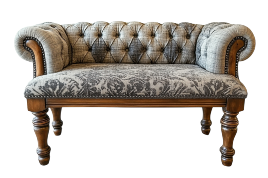Elegant tufted buttoned loveseat with a gray and black patterned fabric and dark wood legs on a black on transparent background
