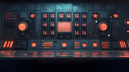 Futuristic Control Panel Interface Red Lights Digital Displays Retro Sci Fi Technology