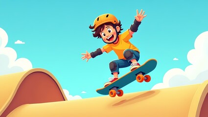Skateboarder's Skyward Leap: A joyful youth soars through the air on a skateboard, against a vibrant, cartoonish landscape, embodying the freedom and fun of a sunny day.