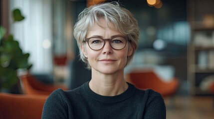 Portrait of a mature woman with short gray hair wearing glasses and a dark top in a blurred setting