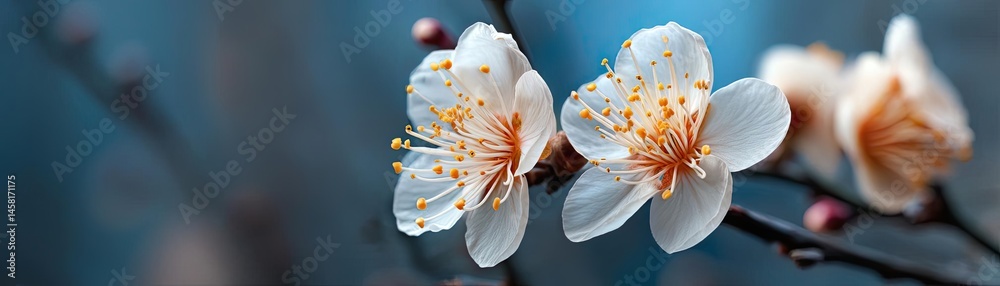 Poster blossoming apricot tree branches with springtime blue background concept. beautiful blossoms on a br