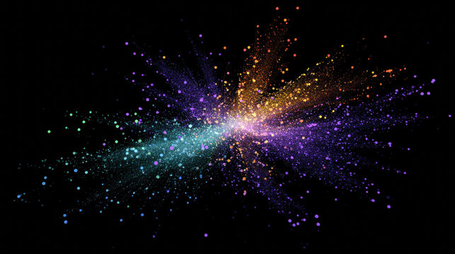 Colorful abstract scatter plot with vibrant nebula effect, featuring exploding particles in blue, purple, yellow, and green on black background, evoking sense of energy and wonder