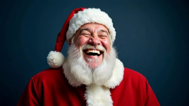 santa claus isolated on dark blue background looking in the camera and laughing