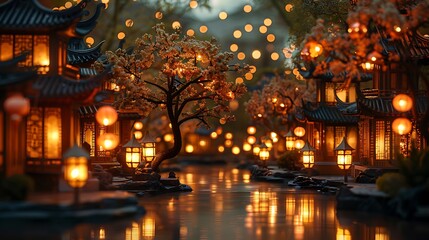 Lantern-lit miniature village glowing with golden lights during evening spring blossom celebration high resolution photo