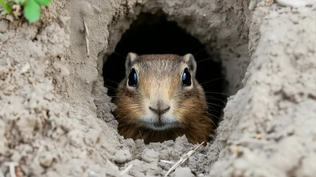 A small brown squirrel is peeking out of a hole in the ground. The hole is surrounded by dirt and grass