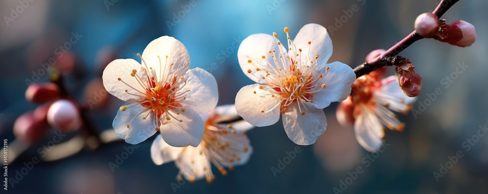 Poster blossoming apricot tree branches during peaceful springtime sunlight concept. delicate blossoms of a