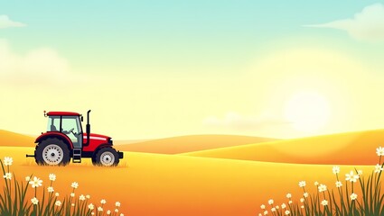 Fototapeta premium Tractor in Golden Field: A red tractor sits amidst rolling hills, bathed in warm sunlight. The field is a golden expanse, with a few wildflowers adding a touch of vibrancy.
