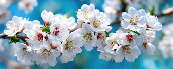Obraz premium Blossoming apricot tree branches with springtime blue background concept. Delicate white cherry blossoms adorn a vibrant blue background.