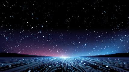 Obraz premium Starry sky above glowing digital circuit landscape, blending technology and cosmos in futuristic, imaginative night scene with sense of wonder and innovation