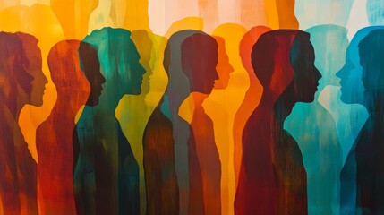 117.A vibrant composition of silhouetted profiles of multiethnic people, arranged in a layered design with soft gradients to emphasize unity and sociology themes.