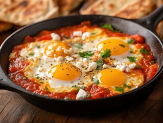 Close-up of shakshuka with sunny side up eggs in rich tomato sauce garnished with herbs and cheese in a cast-iron skillet

