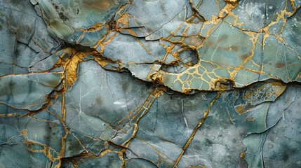 Obraz premium Close up of fractured teal colored rock with gold veins running through the cracks and crevices