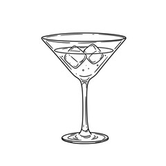 Martini glass with ice cubes, black line art illustration on transparent background for logo design, packaging, tattoos, and minimalist decor