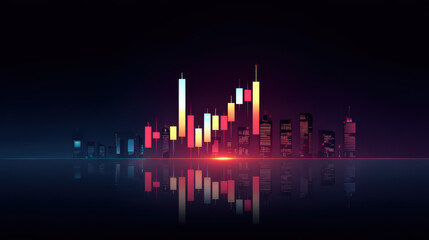 Fototapeta premium Colorful financial candlestick charts rise above modern city skyline at night, reflecting on water, symbolizing economic growth, investment, and urban energy