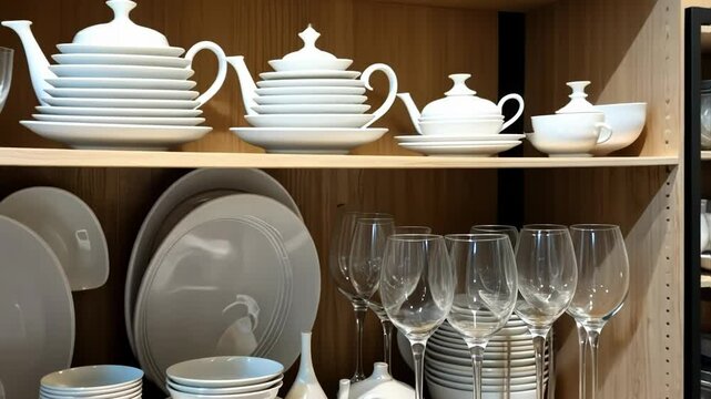 Elegant white dinnerware set displayed on wooden shelves  
