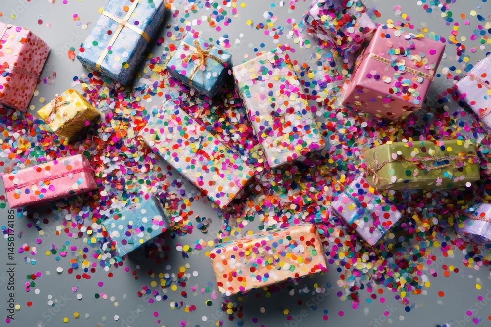 Poster colorfully wrapped gifts surrounded by a vibrant confetti explosion create a festive atmosphere for 