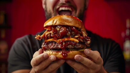 Ecstatic Indulgence: A Man's Pure Joy Holding a Loaded, Saucy Gourmet Burger

