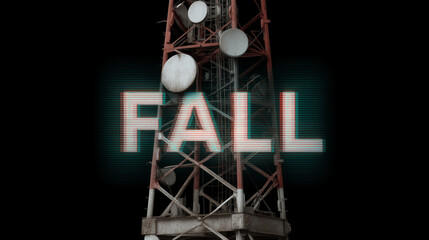 Warning Tower's Autumn Descent: The ominous warning "FALL" hovers before a towering communications tower under a gloomy sky, symbolizing vulnerability and technological peril.