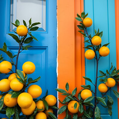Lemons and oranges in front of blue and orange doors, respectively