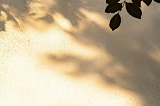 Sunlight casts shadows of leaves on a light beige wall