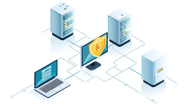 Reverse proxy server network security backend server data protection digital shield computer laptop and server room concept in modern technology environment