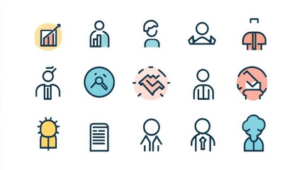 8.A cohesive collection of flat-style vector icons representing people, partnerships, and teamwork, with simple lines and a soft pastel color palette for a modern, clean look.