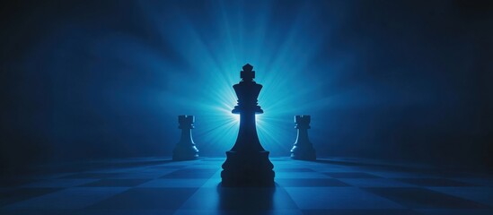 Strategic chessboard composition featuring a king piece with powerful rays of light