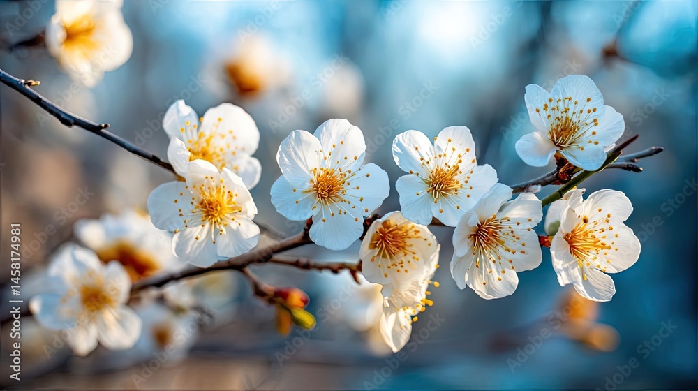 Poster blossoming apricot tree branches with beautiful blurred sky concept. beautiful white blossoms on a b