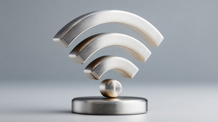 Metallic Wifi Symbol: A  modern minimalist take on the ubiquitous wifi symbol, rendered in sleek, metallic silver. This  3D image evokes a sense of connectivity, technology, and digital accessibility.