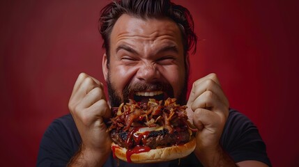 Ecstatic Indulgence: A Man's Pure Joy Holding a Loaded, Saucy Gourmet Burger

