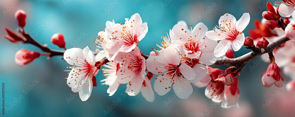 Poster blossoming apricot tree branches with beautiful blurred sky concept. beautiful cherry blossom branch
