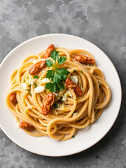 Delicious Carbonara Pasta dish on a white plate, garnished with parsley sprig