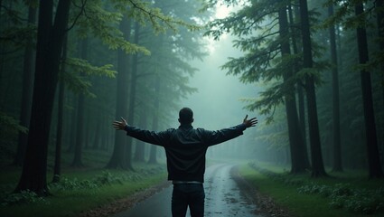 A man stands in the middle of a misty forest path with his arms outstretched