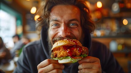 Ecstatic Indulgence: A Man's Pure Joy Holding a Loaded, Saucy Gourmet Burger
