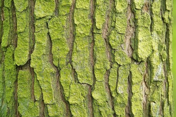 Close-up view of textured tree bark with green moss.