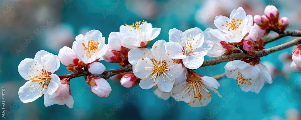 Poster blossoming apricot tree branches with beautiful blurred sky concept. delicate cherry blossoms with s