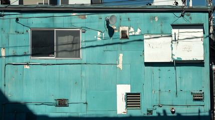 Weathered turquoise exterior facade with various architectural details and age marks