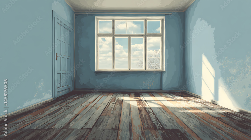 Aufkleber an empty room with a wooden floor and a window