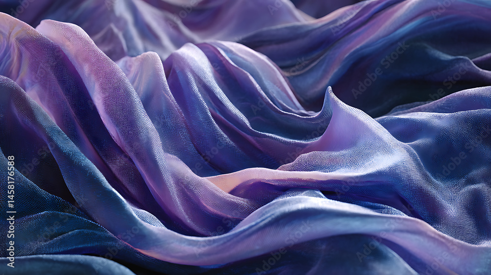 Poster an artistic background featuring a silk fabric, like texture and a 3d wave pattern in shades of purp