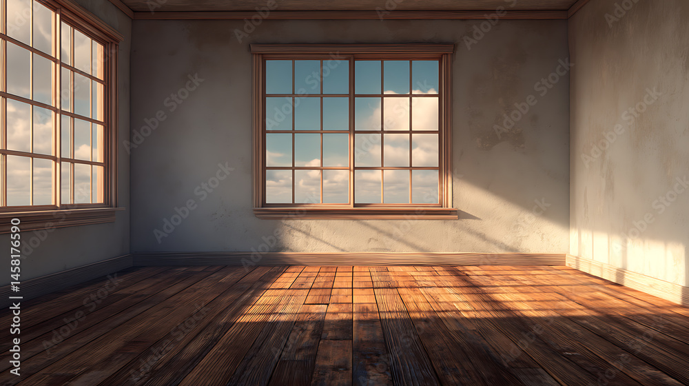 Aufkleber an empty room with a wooden floor and a window