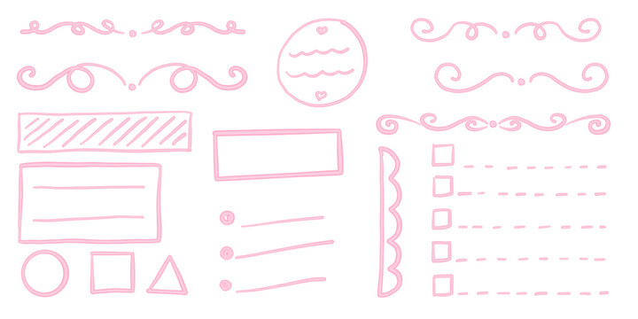 Coquette bullet journal elements. To-do list and stickers for gilly notebook planer. Hand drawn flourishes and stickers