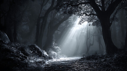 Dark magical fairy tale forest background with beam of light