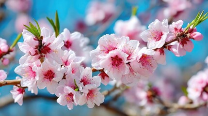Obraz premium Blossoming apricot tree branches with springtime blue background concept. Beautiful cherry blossoms blooming against a clear blue sky.