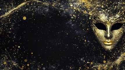 Golden masquerade mask with glitter background elegant design